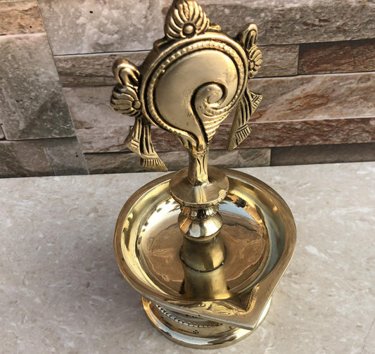 Brass Chakra Diya Lamp 7 inch height|Home Temple Diya | Handmade Brass Vishnu symbol oil Lamp