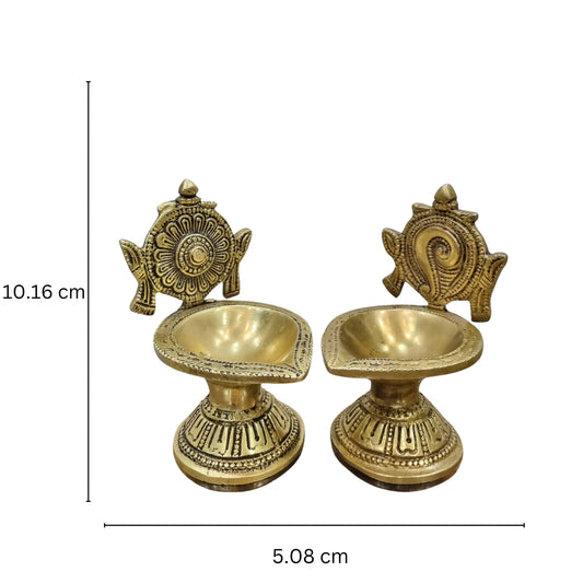 Shankh Chakra Diya Lamp 5 inch/ Home Temple Diya/ Handmade metal oil Lamp table top Aakrati