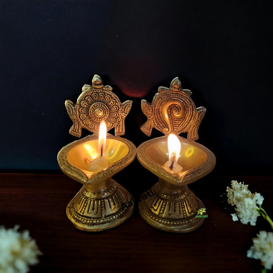 Shankh Chakra Diya Lamp 5 inch/ Home Temple Diya/ Handmade metal oil Lamp table top Aakrati