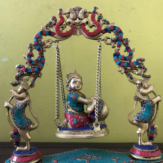 Aakrati Krishna Swing Jhula brass Statue decorative work - unique gift showpiece