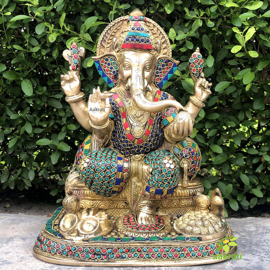 Handicrafts brass stone work Ganesh, Ganpati, Gajanan, Ekdant metal brass figure for home and office decoration and gift Aakrati