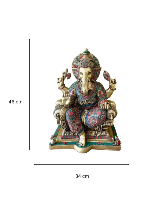 Sitting Lord Ganesha Brass Made Turquoise Work Statue Aakrati