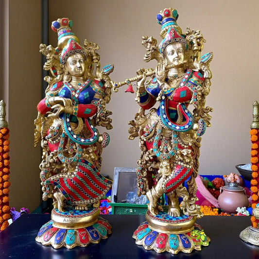 Radha Krishna Statue Made in Brass - Hindu God Religious Figurine Idol Turquoise Handwork Big Murti 29 inch in Height | Home Decor | Showpiece Aakrati