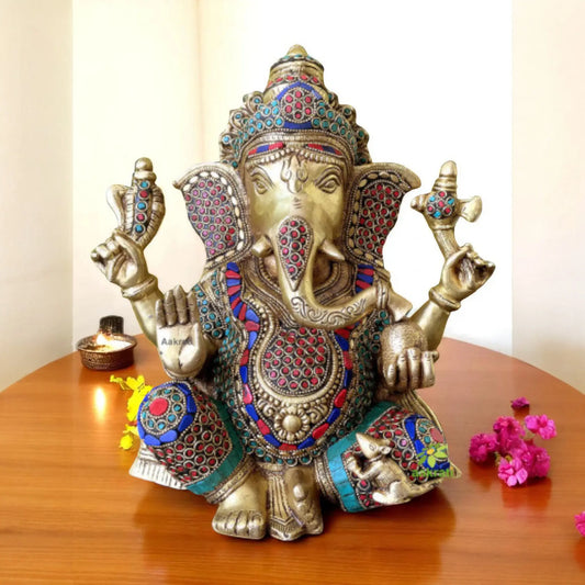 Ganesh with Decorative Work - Brass Modern Decorative Style God Ganpati Idol Aakrati