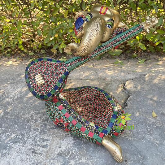 Modern Ganesha sculpture, Musical Ganesha with Veena, Ganesha head Idol, Vinayaka, Metal Brass Statue Aakrati