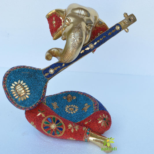 Turquoise work Modern Ganesha sculpture, Musical Ganesha with Veena, Ganesha head Idol, Vinayaka, Metal Brass Aakrati