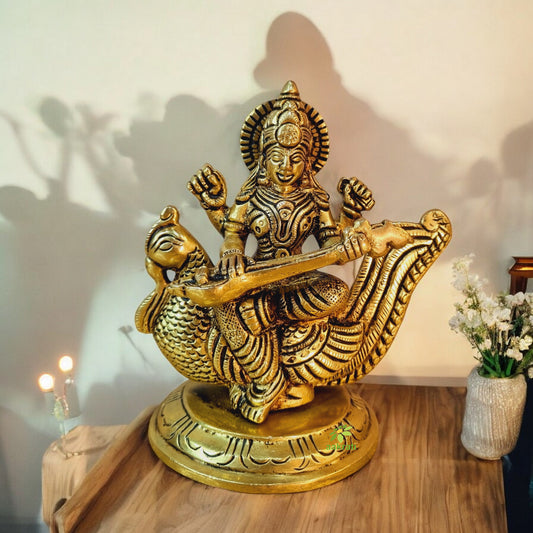 Saraswati Adorning a Swan. Goddess Beautiful Brass Statue. Best for Home Decor, Pooja Temple, Office Decor & Gifting