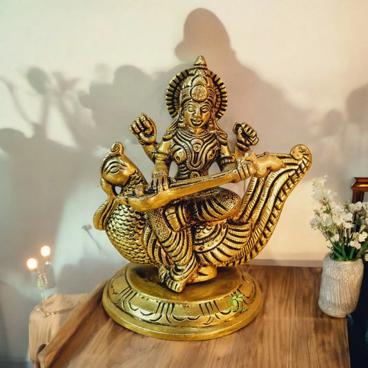 Saraswati Adorning a Swan. Goddess Beautiful Brass Statue. Best for Home Decor, Pooja Temple, Office Decor & Gifting Aakrati