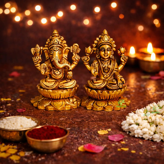 Brass Laxmi Ganesh Idol for Diwali Gifting | Elegant Pooja Statue for Prosperity & Success | Small Laxmi Ganesh (Yellow, 3.5 Inch) Ashopi