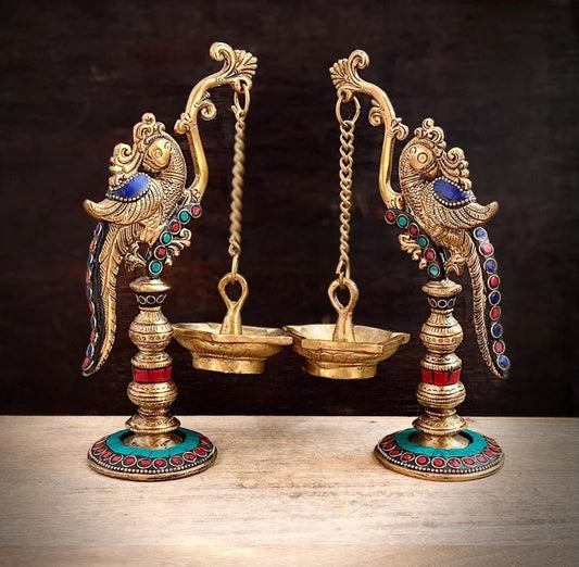 Stone Finish Peacock Diya Stand ,Brass Appam Deepam,Brass Deepak for Temple Mandir Pooja Items, Diwali Deepawali Aakrati