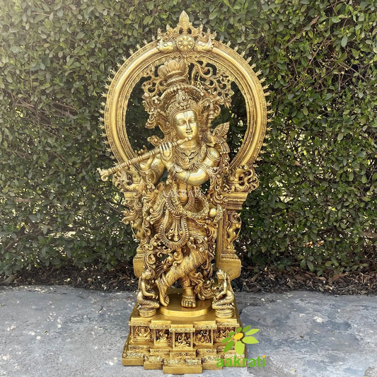 Large Krishna Statue Brass , 82 cm Big Large Size Brass Lord Krishna Idol with Arch, Religious Home office Entrance Aakrati