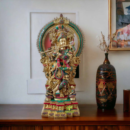 Krishna Big Brass with Stonework, Large Size Brass Lord Murlidhar Idol with Arch, Religious Home office Decor Aakrati