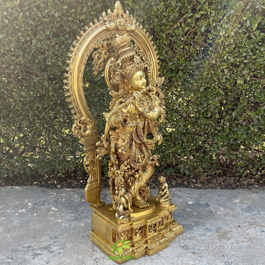 Large Krishna Statue Brass , 82 cm Big Large Size Brass Lord Krishna Idol with Arch, Religious Home office Entrance Aakrati