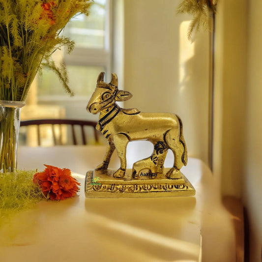 Statue of Cow with Calf Made in Brass By Aakrati Collectible Items Animal Figurine Table Decor Brass Items (Yellow, 2 inches) Aakrati
