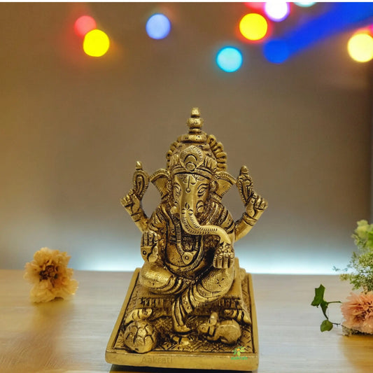 Aakrati Brass Lord Ganpati Sitting Statue for Temple| Worship Idol| Temple Decor| Lord Ganesh (Yellow,3.5 inch ) Aakrati