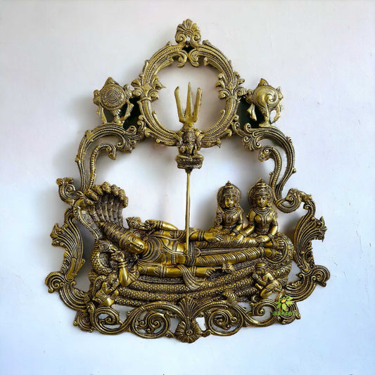 Narayan with Laxmi Ji and Bhudevi resting wall plate statue figure Religious Murti Aakrati