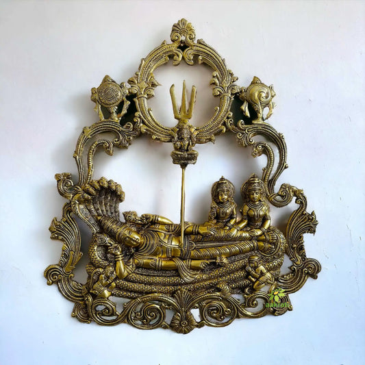 Narayan with Laxmi Ji and Bhudevi resting wall plate statue figure Religious Murti Aakrati