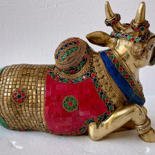 Nandi Sitting Statue - Brass Religious metal craft and gift item |Stone finish Nandi Sculpture| Murthi Aakrati