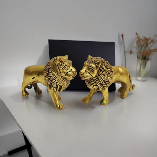 A Pair of Brass Lion Statues Made By Aakrati| Collectable Figurine| Showpieces| Decorative Items (Yellow, Height 3inch) Aakrati