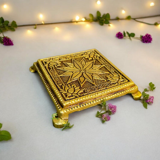 Brass Chowki in yellow finishing for home and temple decor Aakrati
