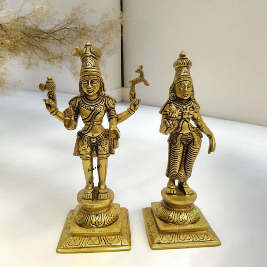 Lord Shiva & Mata Parvati Brass Statue Made By Aakrati| Made in Brass| Temple Decor| Showpieces (Yellow,11 inch) Aakrati