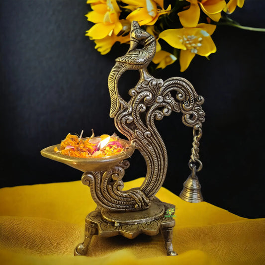 Brass Diya For Table Top| Parrot Design Brass Oil Lamp Stand with Bell | Traditional Indian Oil Lamps | Brass Decorative Diyas |(Yellow) Aakrati
