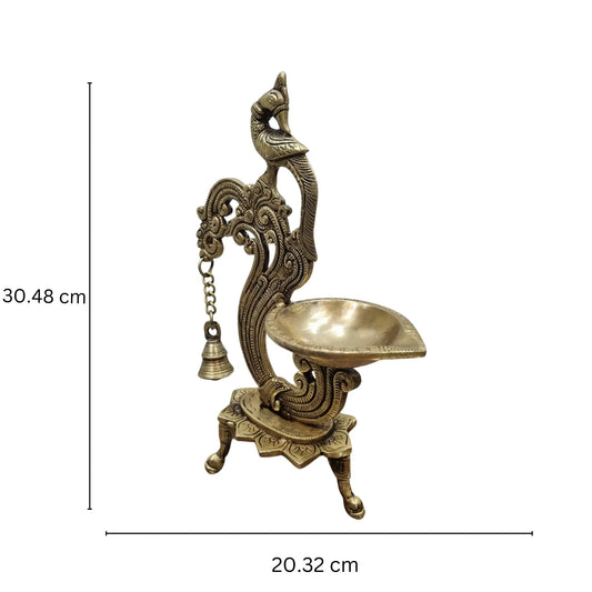 Brass Diya For Table Top| Parrot Design Brass Oil Lamp Stand with Bell | Traditional Indian Oil Lamps | Brass Decorative Diyas |(Yellow) Aakrati