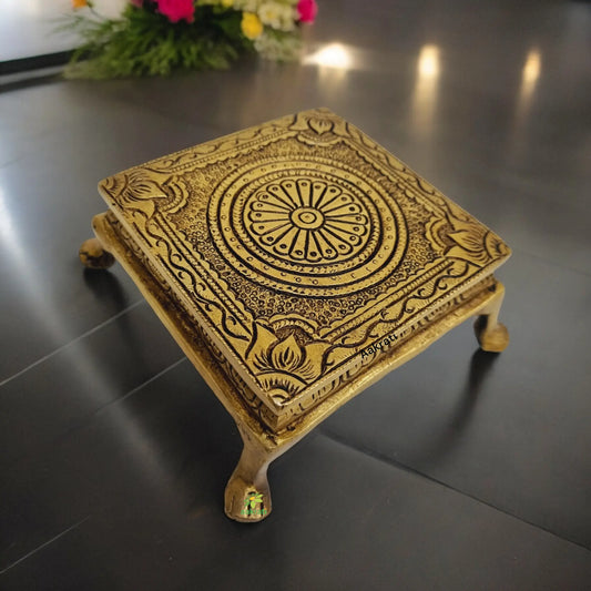 Aakrati Handcrafted Brass Pooja Chowki| Small Brass Table to Put Pooja Items| Puja Essentials (Yellow, 1.5 inch ) Aakrati