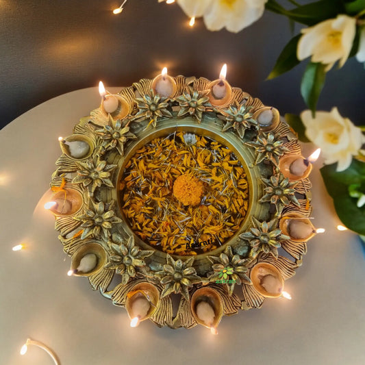 9 Inches Brass Urli Bowl with Lotus Design| Urli for Flowers, Brass Urli for Home Décor|Traditional Indian Decor Piece| Home Décor| (Yellow) Aakrati