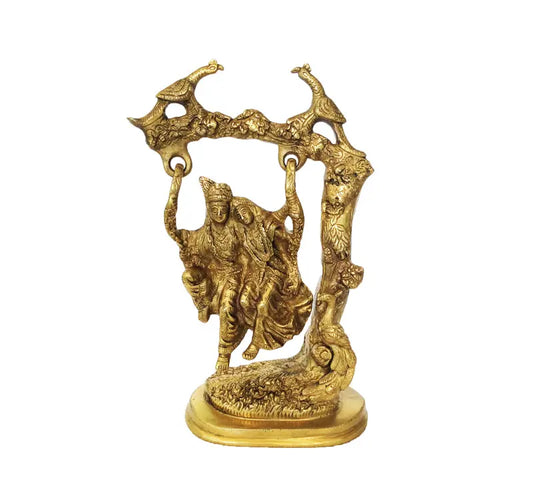 Brass Radha Krishna on Swing | Divine Love and Harmony for Your Home | Brass Religious Radha Krishna Murti ( Yellow, 12 inch) Aakrati