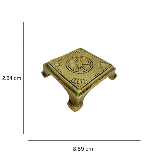 Lotus Engraved 3.5 Inches Brass Pooja Chowki, Chowki for God Idols, Temple Decor, Antique Yellow