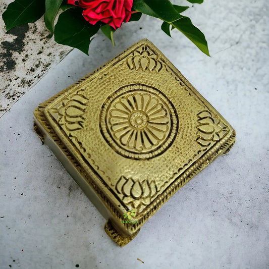 Lotus Engraved 3.5 Inches Brass Pooja Chowki, Chowki for God Idols, Temple Decor, Antique Yellow Aakrati