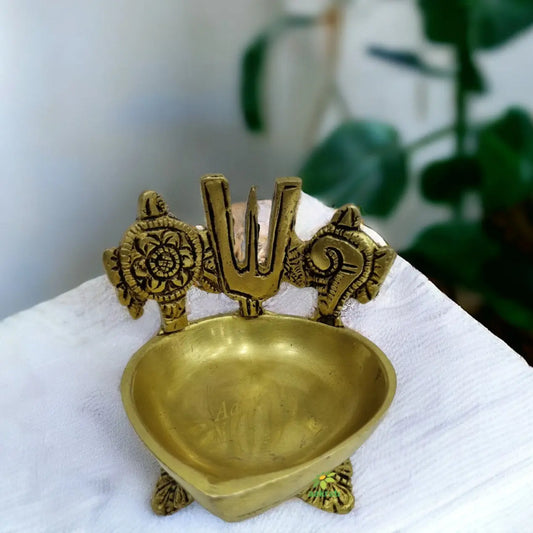 Shankh Chakra Namah Brass Diya Over Carved Design Legs | Brass Diya for Home Temple | Decorative Diyas Aakrati