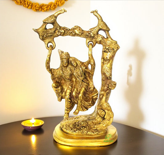 Brass Radha Krishna on Swing | Divine Love and Harmony for Your Home | Brass Religious Radha Krishna Murti ( Yellow, 12 inch)