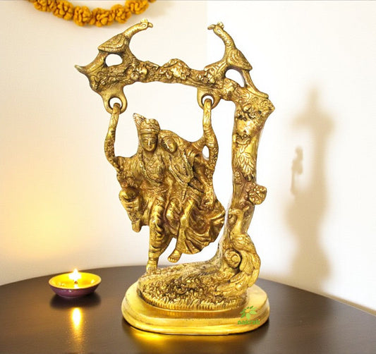 Brass Radha Krishna on Swing | Divine Love and Harmony for Your Home | Brass Religious Radha Krishna Murti ( Yellow, 12 inch) Aakrati