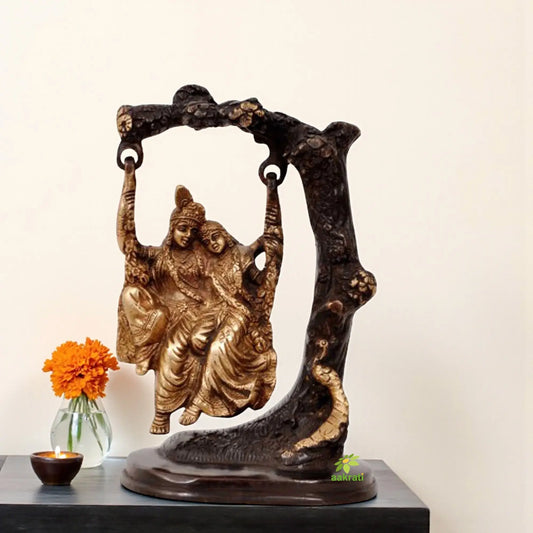 Handcrafted Brass Radha Krishna on Swing | A Perfect Blessing for Pooja and Home Decor | Brass Radha Krishna Swing Idol ( Brown, 7 inch) Aakrati