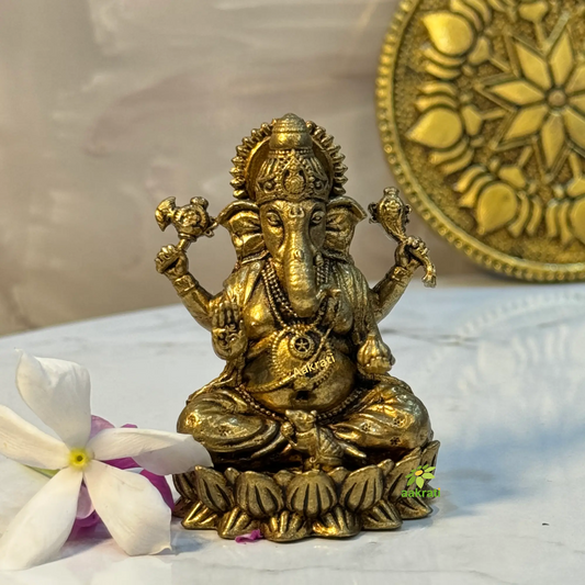 Intricately Designed Brass Ganesh Statue| Symbol of Wisdom and Prosperity Made By Aakrati (Yellow, 2.5 Inch) Aakrati
