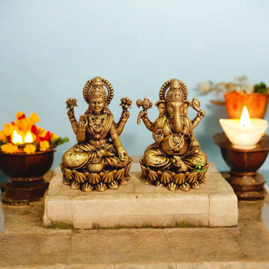 Brass Lakshmi Ganesh Pair| Elegant Deity Sculptures By Aakrati (Yellow, 2.3 Inch) Aakrati