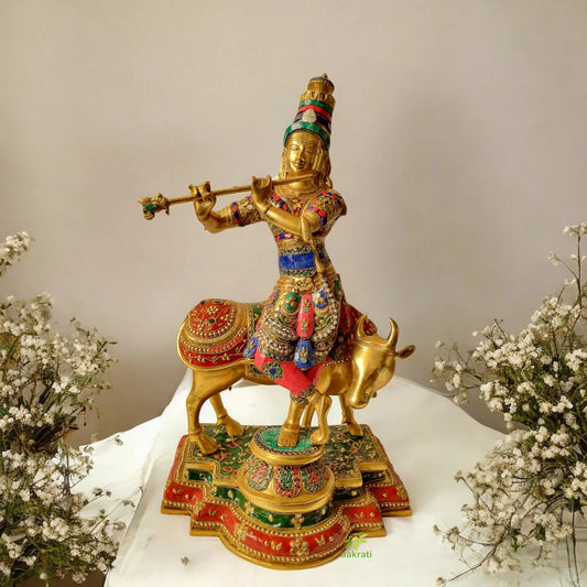 Brass Krishna Statue with yellow finishing for Home and Temple Decor Aakrati