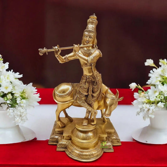 Brass Krishna Statue with cow in yellow finishing Handmade product Aakrati