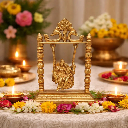 Handcrafted Brass Radha Krishna Murti on Swing | Elegant Religious Showpiece for Home | Brass Radha Krishna on Swing ( Yellow, 10 inch) Aakrati