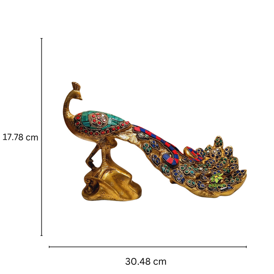 Brass Peacock Showpiece Statue | Brass Showpiece for Luxurious Living | Traditonal Brass Peacock Figurine Made By Aakrati ( Multi Color, 12 inch)