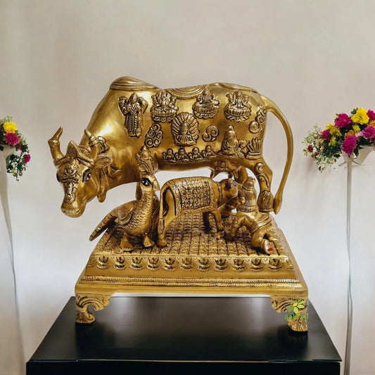 Brass Cow with calf sitting baby krishna near to calf brass made temple/gift purpose statue Aakrati