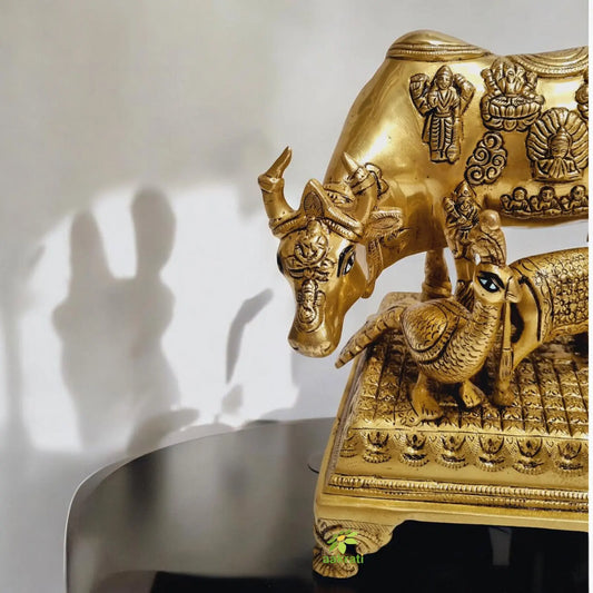 Brass Cow with calf sitting baby krishna near to calf brass made temple/gift purpose statue Aakrati