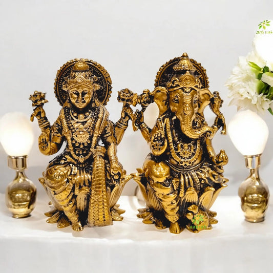 Brass Lakshmi Ganesh Pair| Divine Sculptures for Wealth and Harmony Aakrati