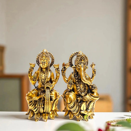Brass Lakshmi Ganesh Pair| Divine Sculptures for Wealth and Harmony Aakrati