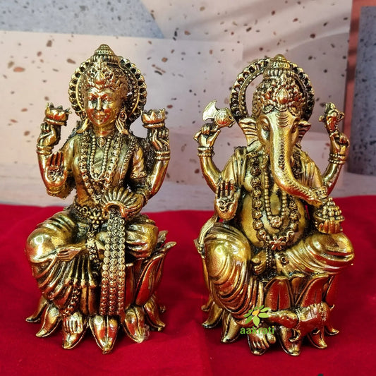 Brass Lakshmi Ganesh Pair| Divine Sculptures for Wealth and Harmony Aakrati