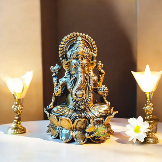 Aakrati Brass Lord Ganpati Sitting Statue for Temple| Worship Idol| Temple Decor| Lord Ganesh Aakrati