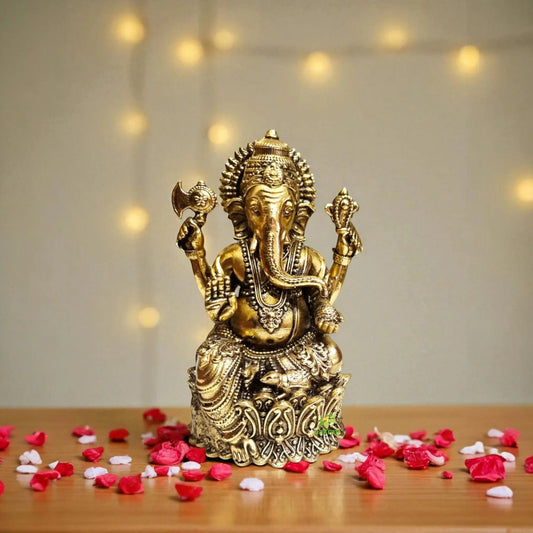 Aakrati Brass Lord Ganpati Sitting Statue for Temple| Worship Idol| Temple Decor| Lord Ganesh| Aakrati