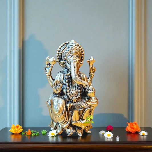 Aakrati Brass Lord Ganpati Sitting Statue for Temple| Worship Idol| Temple Decor| Lord Ganesh Aakrati
